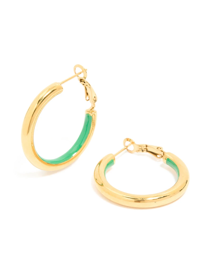 Waterproof Gold Plated Stainless Steel Half Green Enamel Hoop Earrings