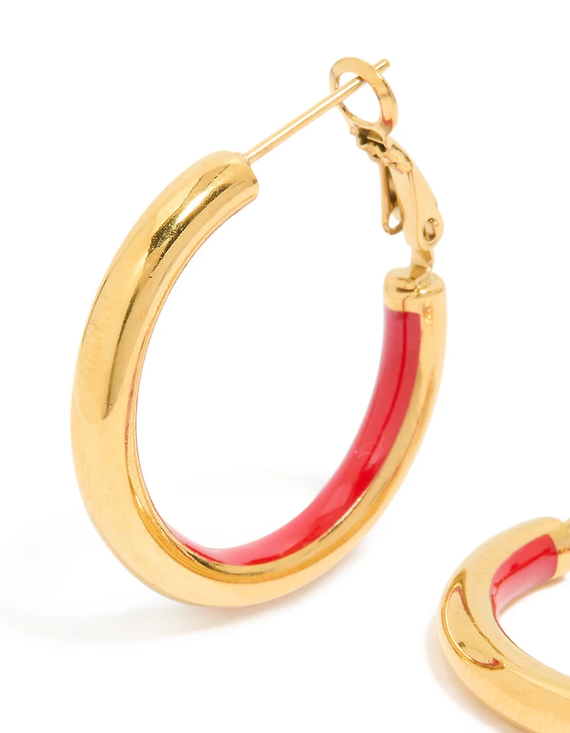Waterproof Gold Plated Stainless Steel Half Red Enamel Hoop Earrings