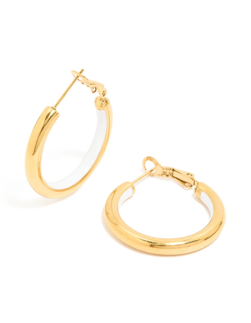 Waterproof Gold Plated Stainless Steel Half White Enamel Hoop Earrings