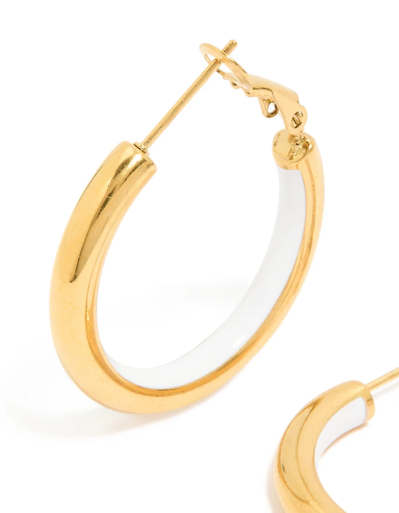 Waterproof Gold Plated Stainless Steel Half White Enamel Hoop Earrings