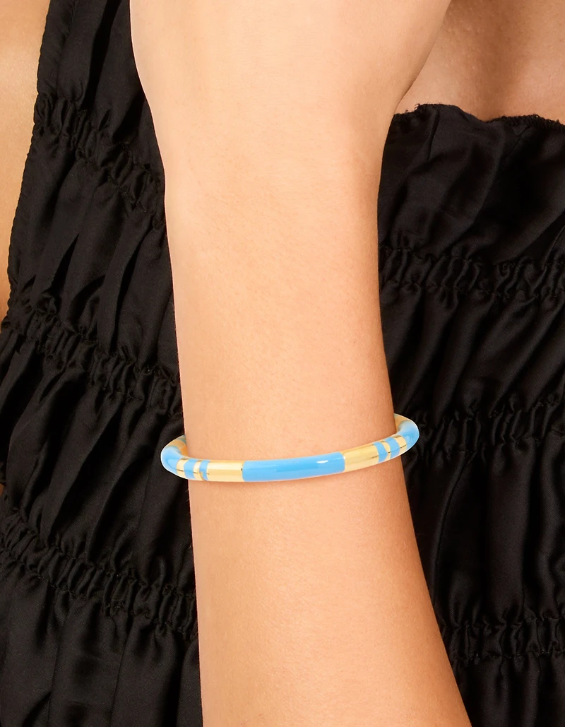 Waterproof Gold Plated Stainless Steel Stripe Blue Enamel Wrist Cuff