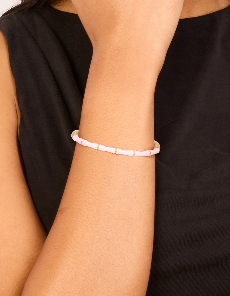Bracelet étanche en acier inoxydable plaqué or en émail rose en bambou
