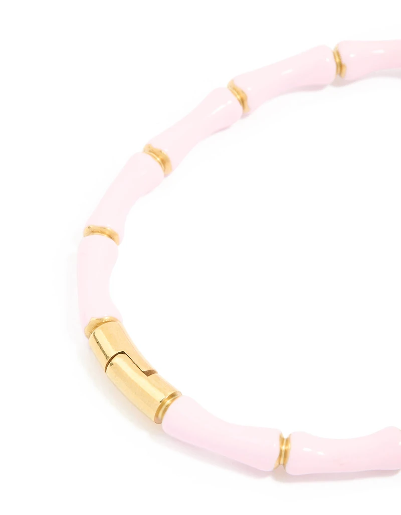 Waterproof Gold Plated Stainless Steel Bamboo Pink Enamel Bangle