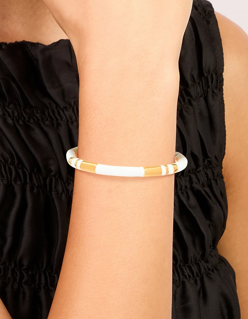 Waterproof Gold Plated Stainless Steel Stripe White Enamel Wrist Cuff