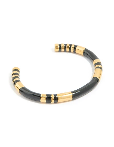 Waterproof Gold Plated Stainless Steel Striped Black Enamel Wrist Cuff