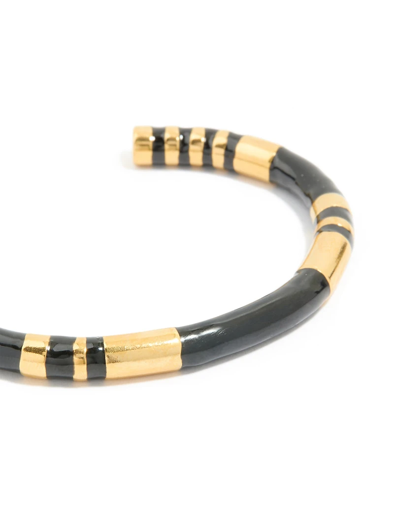 Waterproof Gold Plated Stainless Steel Striped Black Enamel Wrist Cuff