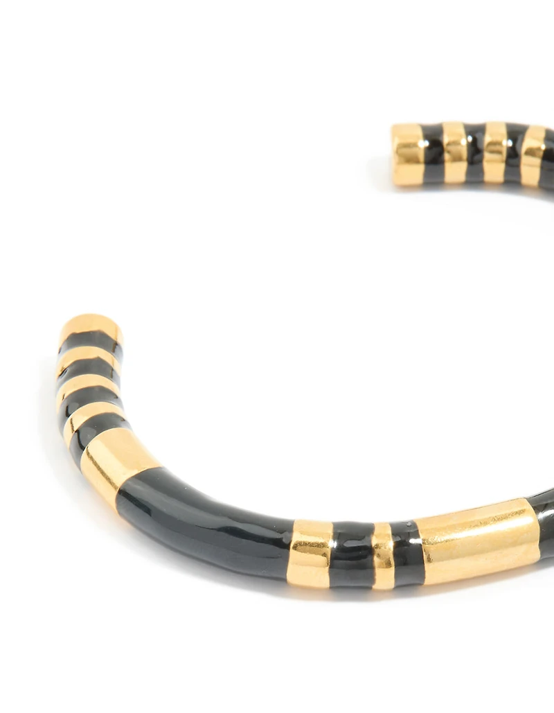 Waterproof Gold Plated Stainless Steel Striped Black Enamel Wrist Cuff