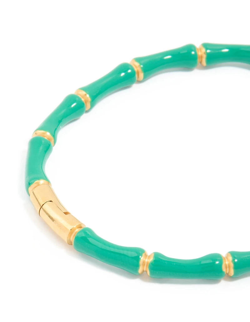 Waterproof Gold Plated Stainless Steel Green Enamel Bamboo Bangle