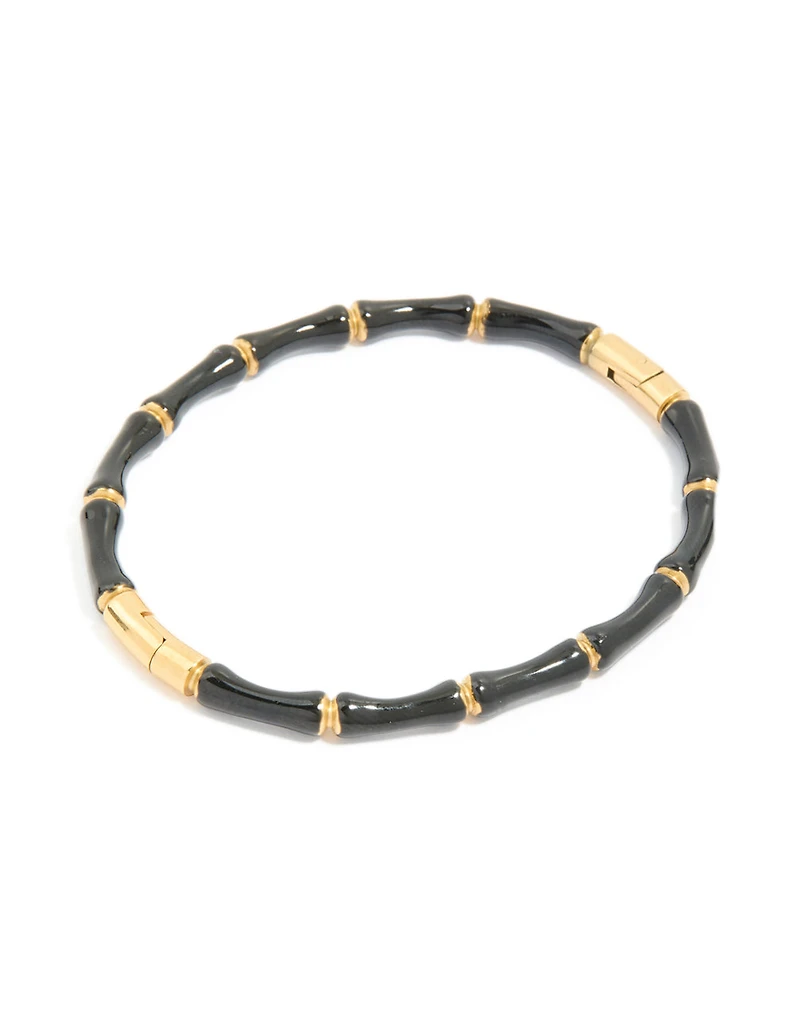 Waterproof Gold Plated Stainless Steel Black Enamel Bamboo Bangle