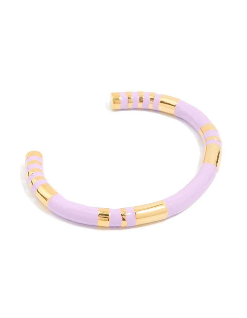 Waterproof Gold Plated Stainless Steel Lilac Enamel Striped Wrist Cuff