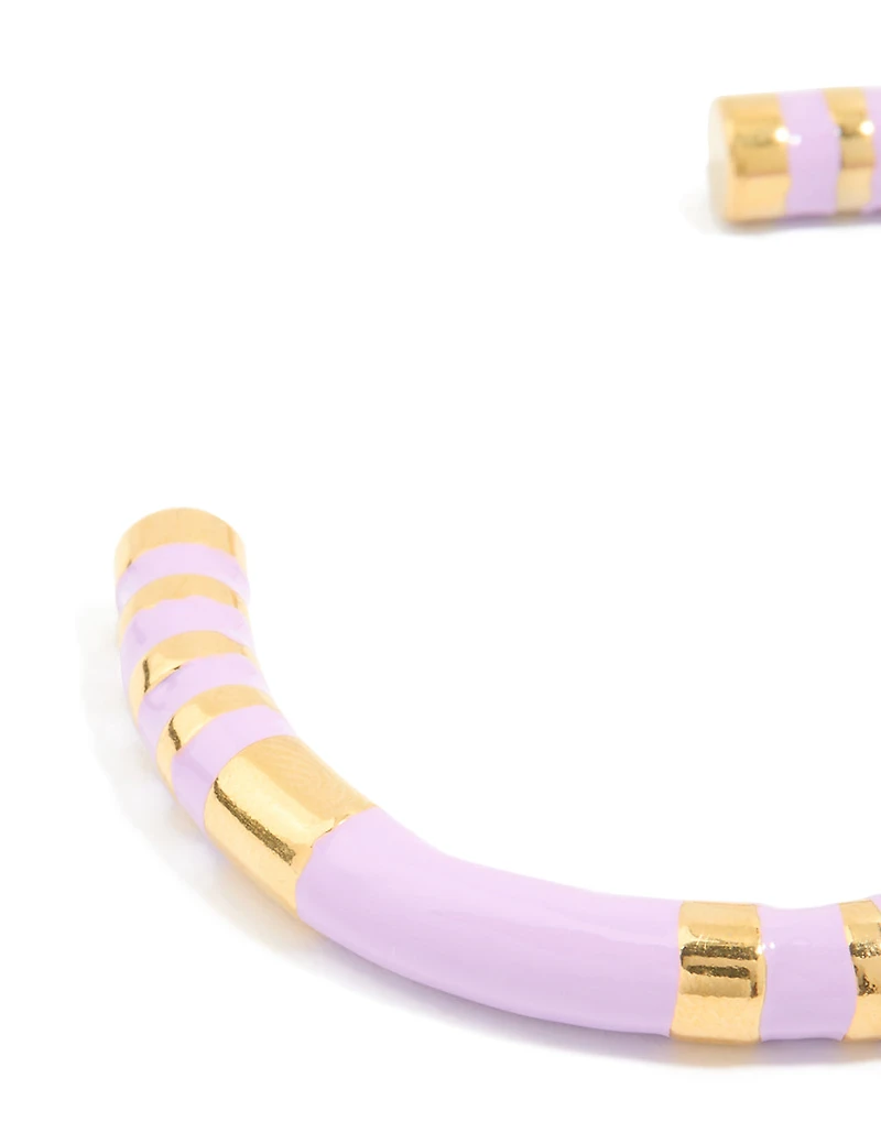 Waterproof Gold Plated Stainless Steel Lilac Enamel Striped Wrist Cuff