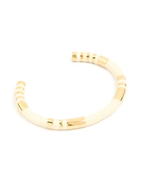 Waterproof Gold Plated Stainless Steel Neutral Toned Enamel Striped Wrist Cuff