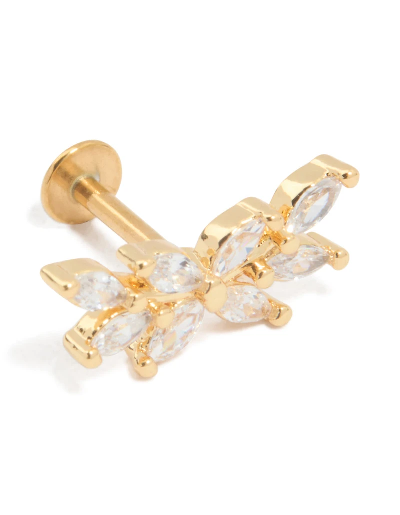 Gold Plated Titanium Cubic Zirconia Floral Crawler Single Flat Back Stud