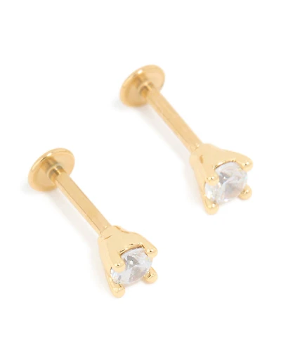 Gold Plated Titanium Cubic Zirconia Flat Back Studs 3MM