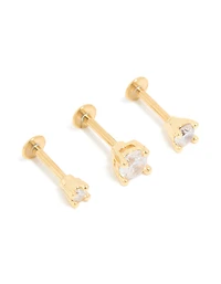 Gold Plated Titanium Cubic Zirconia Graduated Flat Back Studs 3-Pack