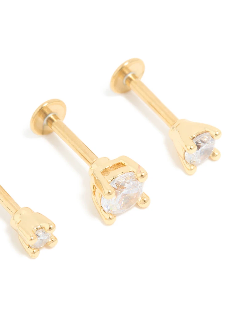 Gold Plated Titanium Cubic Zirconia Graduated Flat Back Studs 3-Pack