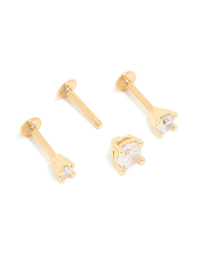 Gold Plated Titanium Cubic Zirconia Graduated Flat Back Studs 3-Pack