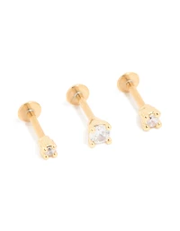 Boucles d’oreilles à dos plat plat en titane en titane plaqué dor, paquet de 3