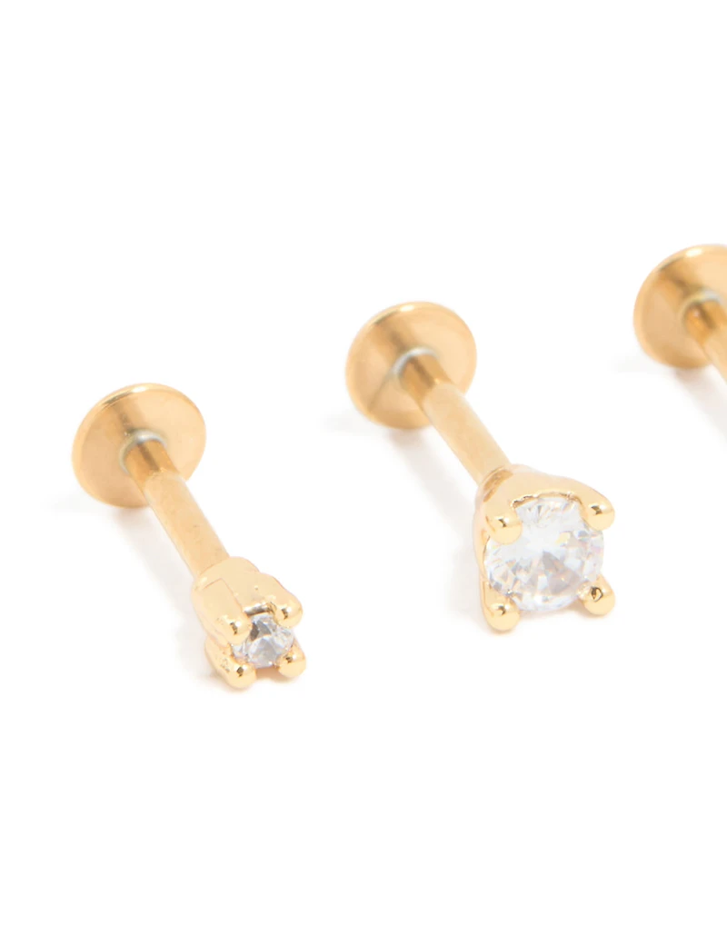 Gold Plated Titanium Cubic Zirconia Mixed Size Flat Back Earrings 3-Pack