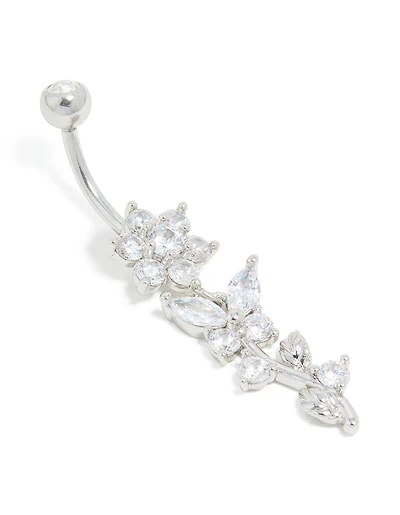 Surgical Steel Cubic Zirconia Large Flower Vine Drop Belly Bar