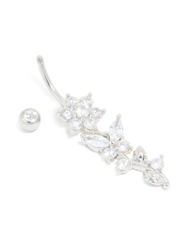 Surgical Steel Cubic Zirconia Large Flower Vine Drop Belly Bar