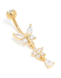 Gold Plated Surgical Steel Cubic Zirconia Butterfly Flower Drop Belly Bar