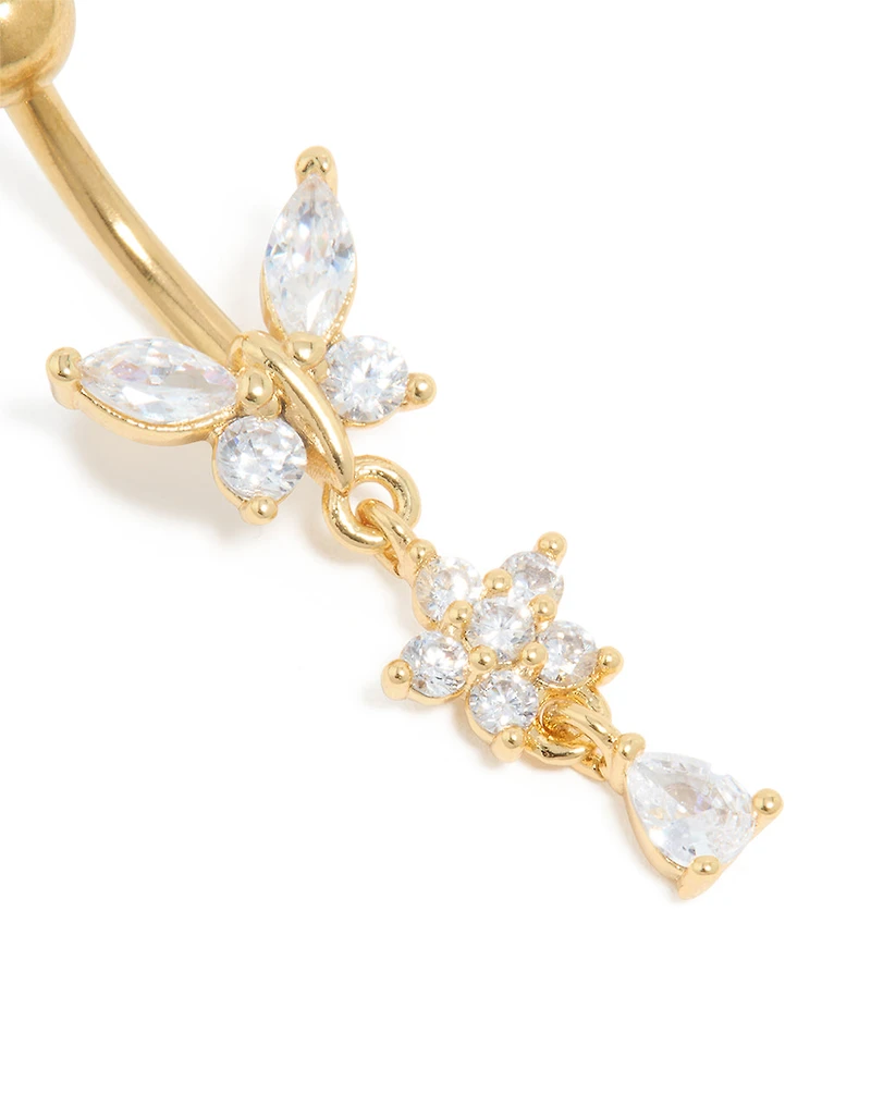 Gold Plated Surgical Steel Cubic Zirconia Butterfly Flower Drop Belly Bar