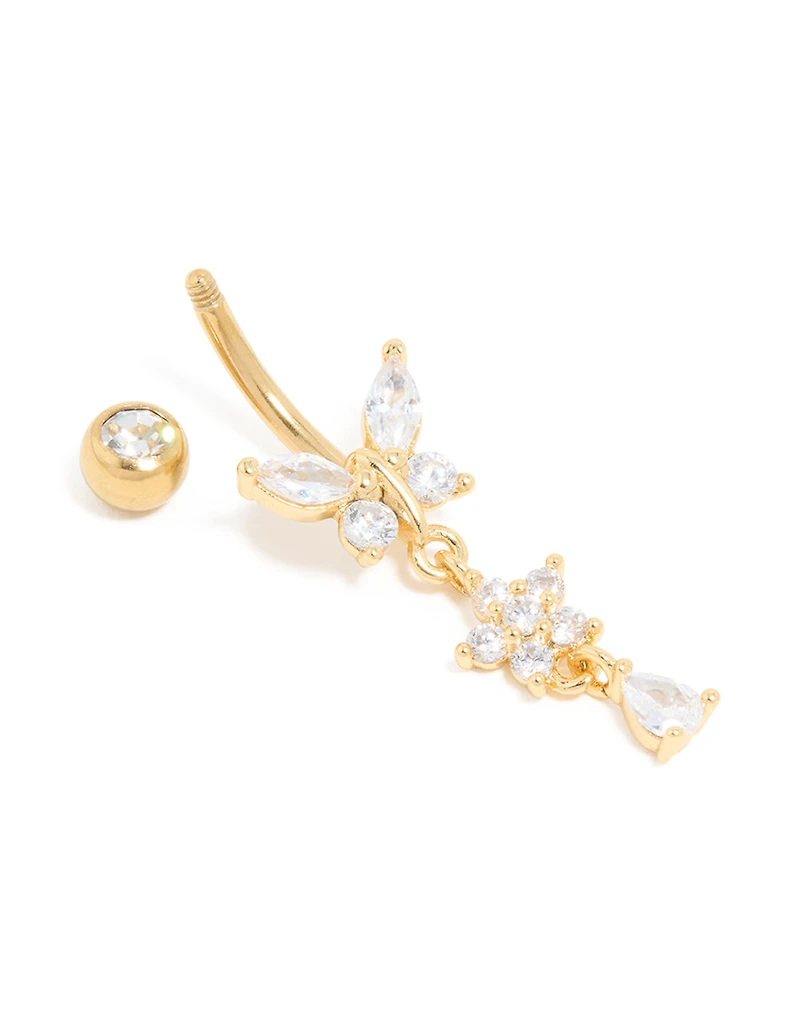 Gold Plated Surgical Steel Cubic Zirconia Butterfly Flower Drop Belly Bar