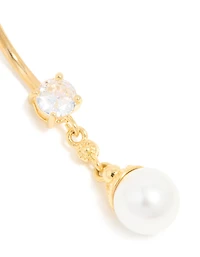 Barre-ventre en acier chirurgical plaqué or en perles et zircone cubique