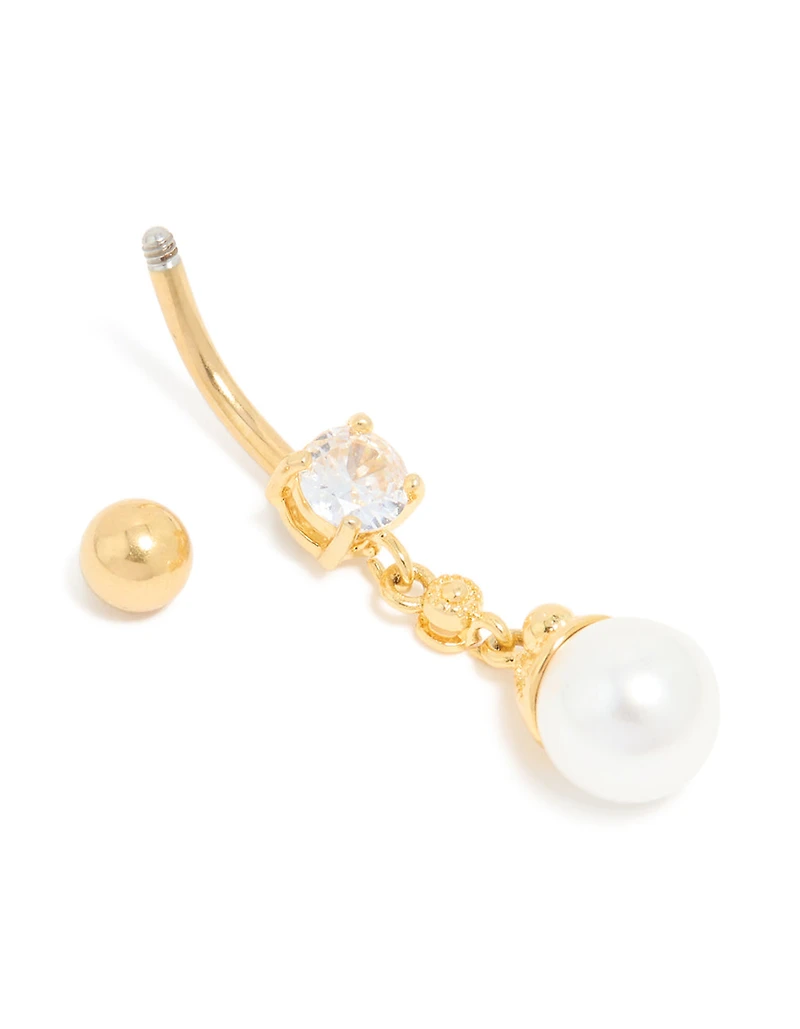 Barre-ventre en acier chirurgical plaqué or en perles et zircone cubique