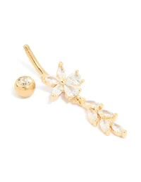 Gold Plated Surgical Steel Cubic Zirconia Floral Vine Drop Belly Bar