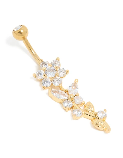 Gold Plated Cubic Zirconia Large Flower Vine Drop Belly Bar