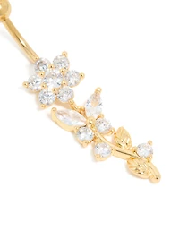 Gold Plated Cubic Zirconia Large Flower Vine Drop Belly Bar