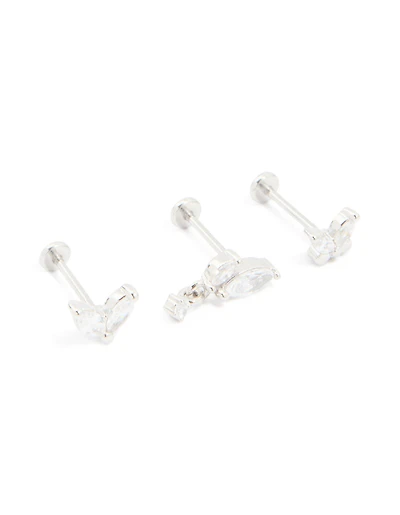 Surgical Steel Cubic Zirconia Butterfly Flat Back Earrings 3-Pack