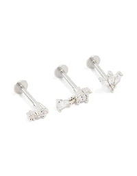 Surgical Steel Cubic Zirconia Flower Flat Back Earrings 3-Pack