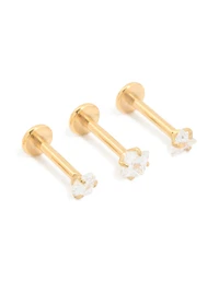 Gold Plated Surgical Steel Cubic Zirconia Flat Back Earrings 3-Pack