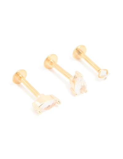 Gold Plated Surgical Steel Cubic Zirconia Leaf Flat Back Earrings 3-Pack