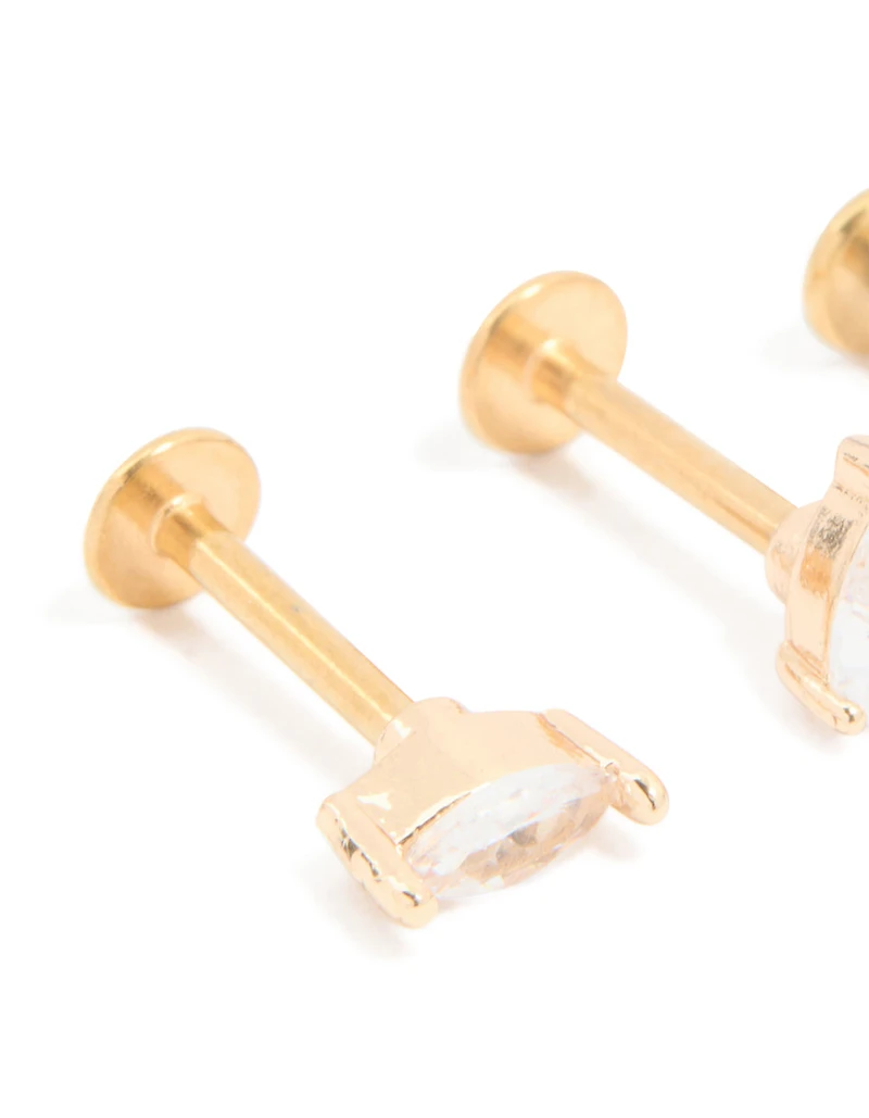 Gold Plated Surgical Steel Cubic Zirconia Leaf Flat Back Earrings 3-Pack