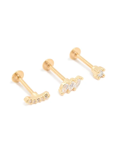 Gold Plated Surgical Steel Cubic Zirconia Crawler Flat Back Studs 3-Pack