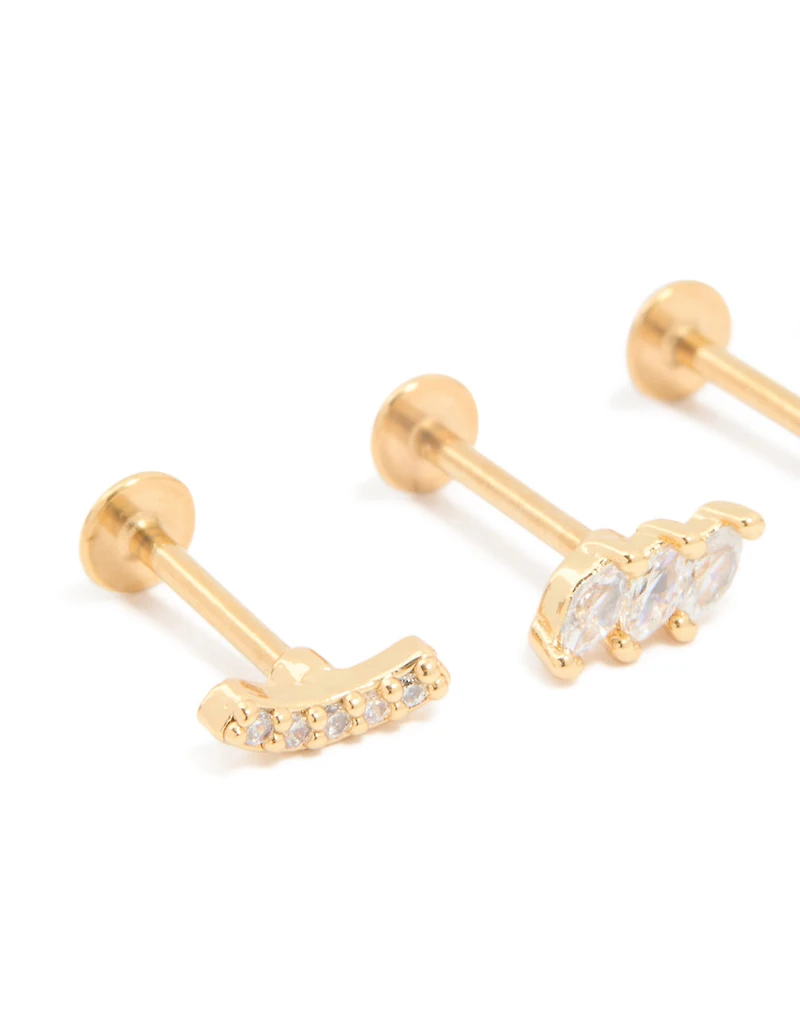 Gold Plated Surgical Steel Cubic Zirconia Crawler Flat Back Studs 3-Pack