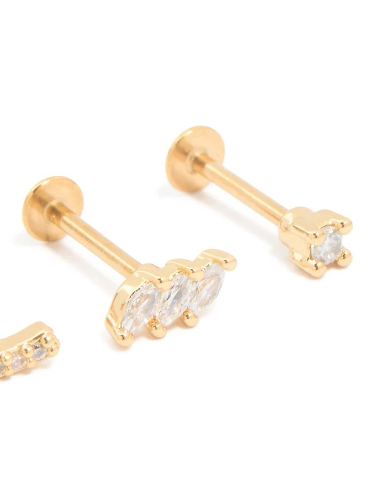 Gold Plated Surgical Steel Cubic Zirconia Crawler Flat Back Studs 3-Pack