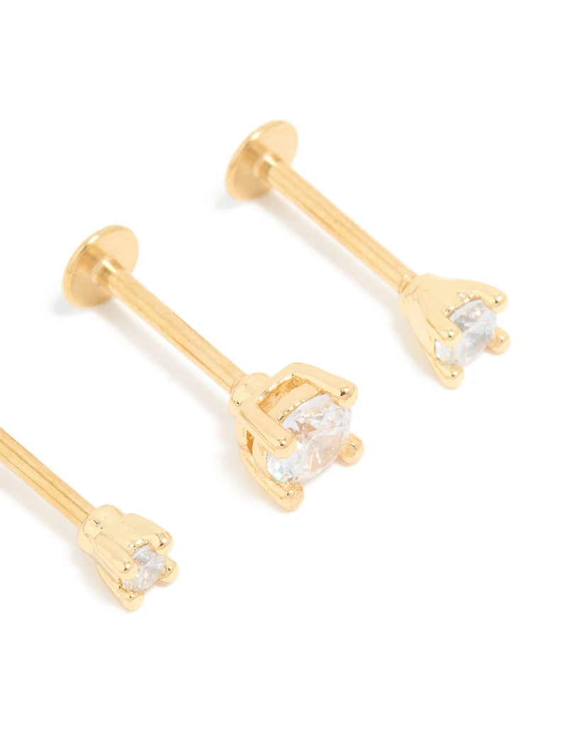 Gold Plated Surgical Steel Cubic Zirconia Flat Back Studs 3-Pack