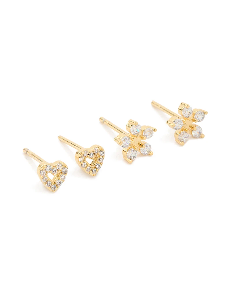 Kids Gold Plated Surgical Steel Cubic Zirconia Flower & Heart Stud Earrings 2-Pack