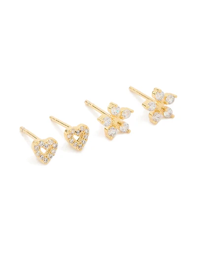Kids Gold Plated Surgical Steel Cubic Zirconia Flower & Heart Stud Earrings 2-Pack