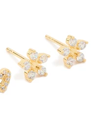 Kids Gold Plated Surgical Steel Cubic Zirconia Flower & Heart Stud Earrings 2-Pack