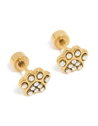 Kids Gold Plated Surgical Steel Cubic Zirconia Paw Flat Back Studs