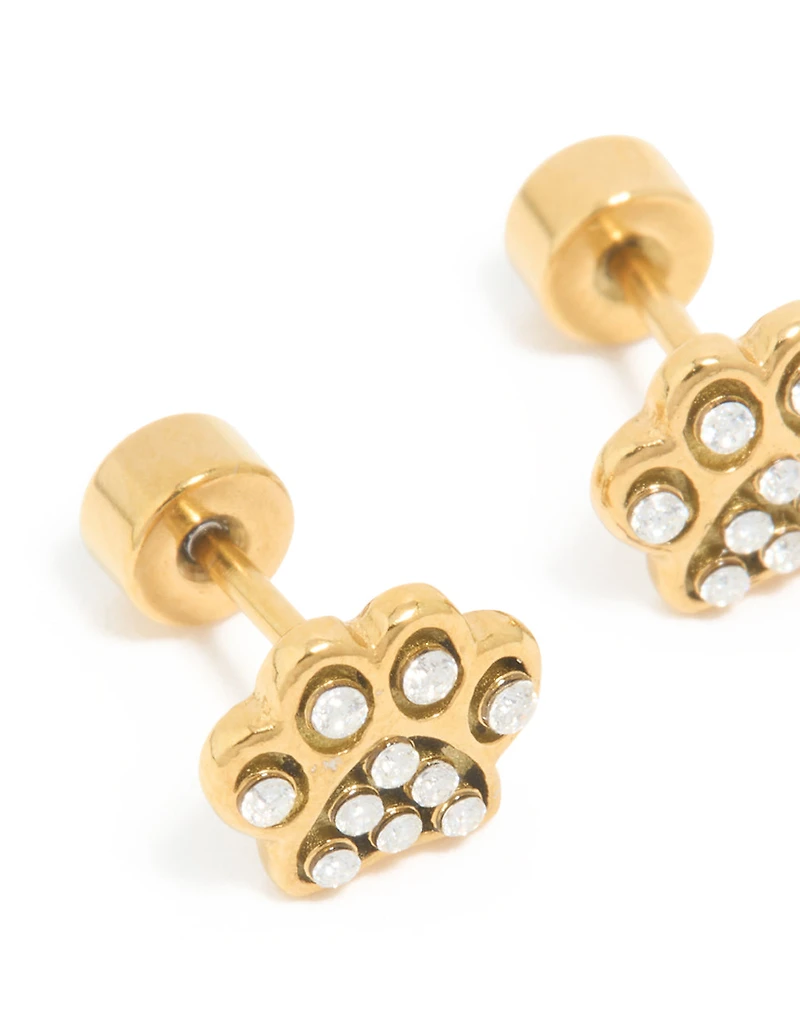 Kids Gold Plated Surgical Steel Cubic Zirconia Paw Flat Back Studs