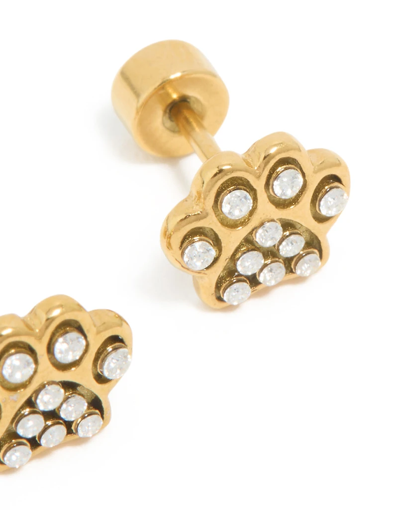 Kids Gold Plated Surgical Steel Cubic Zirconia Paw Flat Back Studs