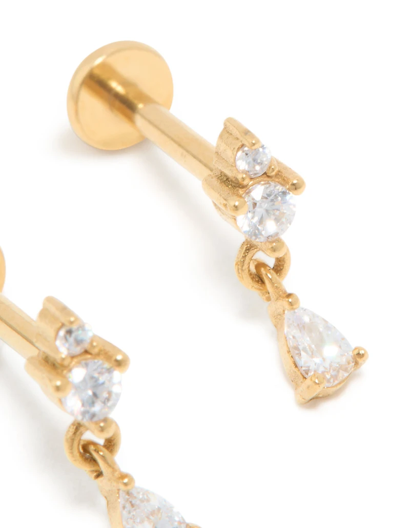 Kids Gold Plated Surgical Steel Cubic Zirconia Marquise Drop Flat Back Studs