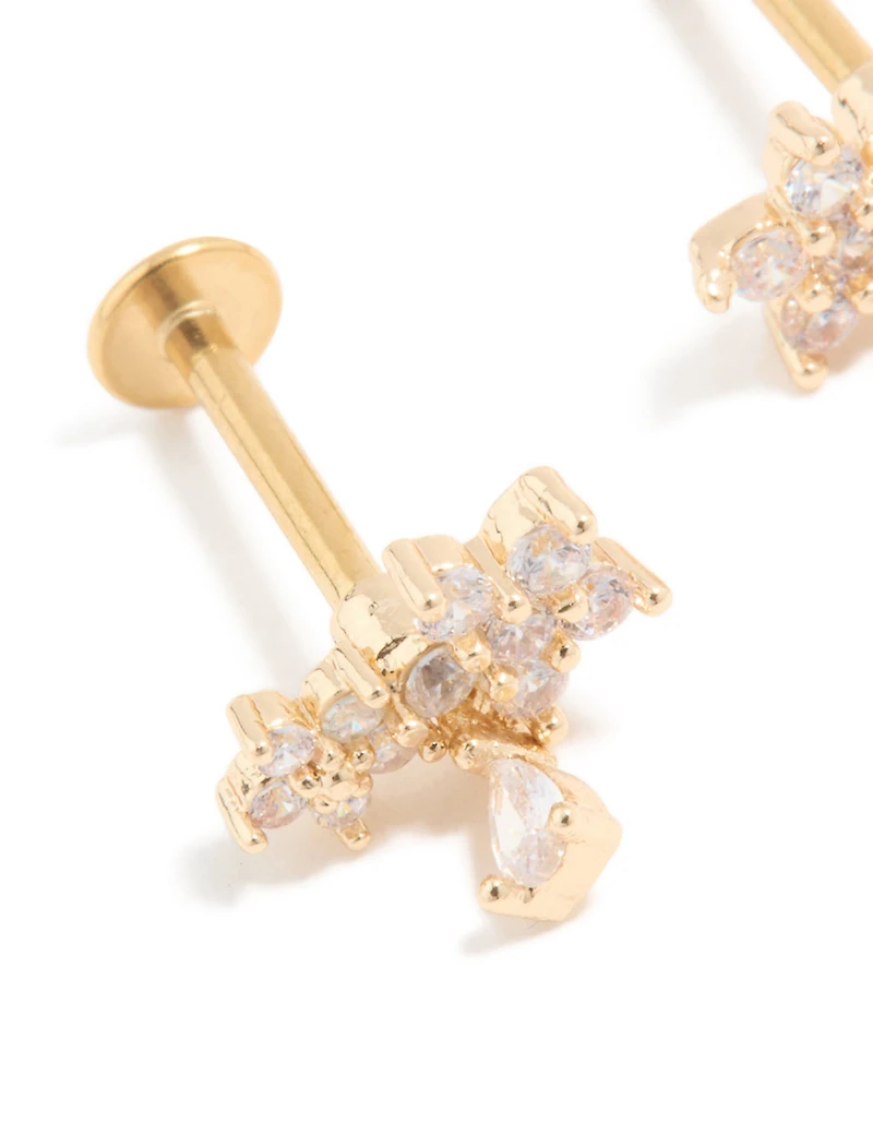 Gold Plated Surgical Steel Cubic Zirconia Flower Teardrop Flat Back Studs